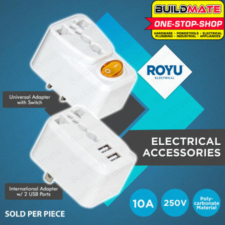 BUILDMATE Royu Universal Adapter with USB Charger and Switch