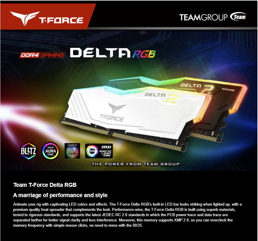 Teamgroup T-Force Delta RGB BLACK 16GB (2 x 8GB) CL16 288-Pin DDR4 SDRAM DDR4 3200 (PC4 25600) Intel XMP 2.0 Desktop Memory Model Tforce 3200mhz TF3D416G3200HC16CDC01