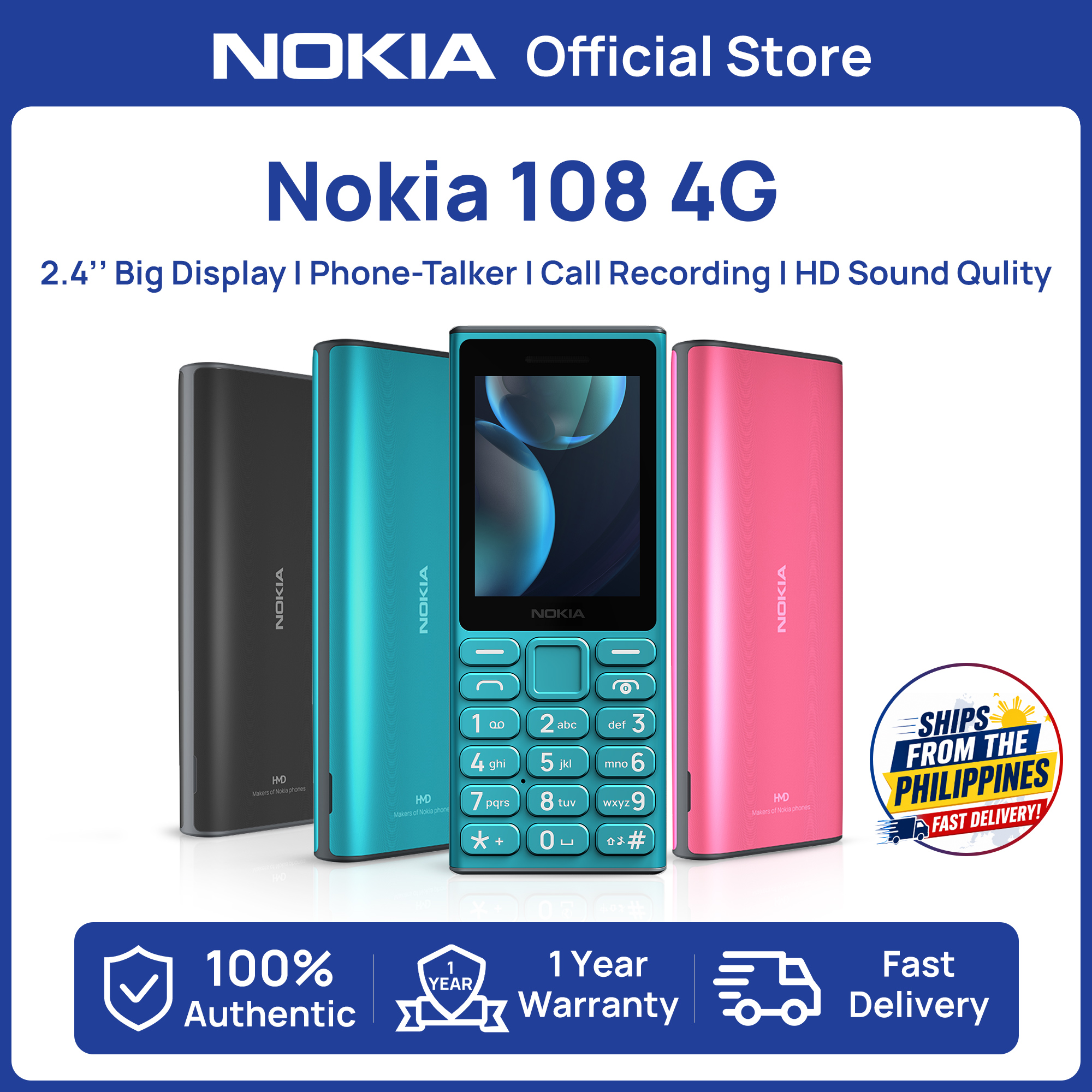 【Top Sales】Official Nokia 108 4G Keypad Basic Feature Phone Dual Sim 2.4" Display Long Standby MP3 1 year warranty
