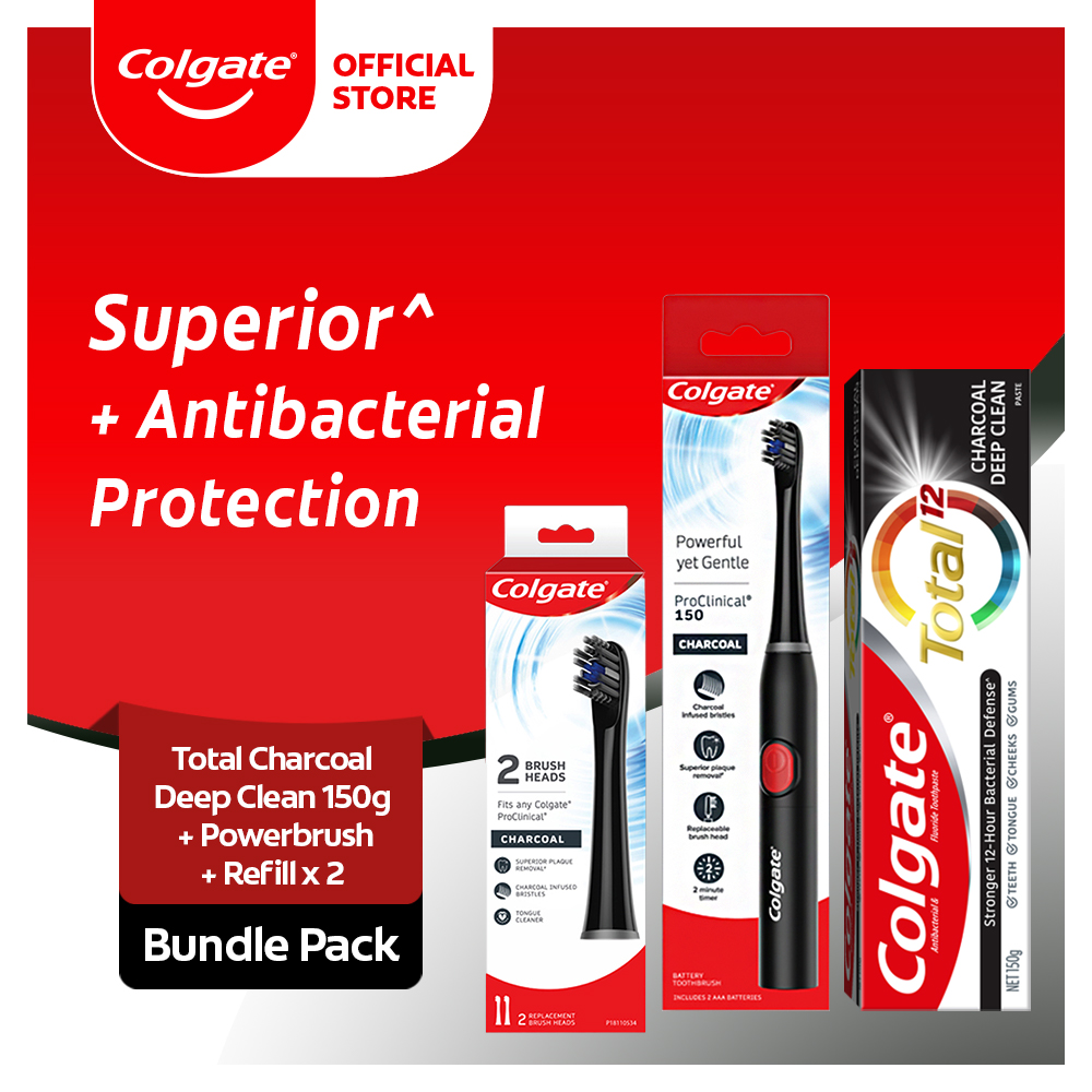 Lazada Philippines - Colgate Total Charcoal Multi-Benefit Antibacterial Toothpaste 150g + Colgate ProClinical 150 Charcoal Battery Power Sonic Toothbrush with Soft Bristles + 2 Brush Heads Refill