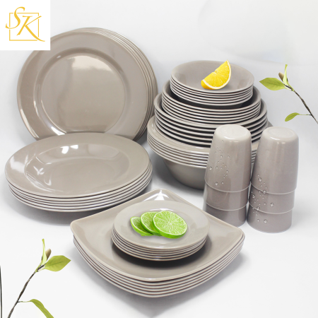 Grey Melamine Chocolate Dinnerware Set - 6pcs, Square Plates, Bowls