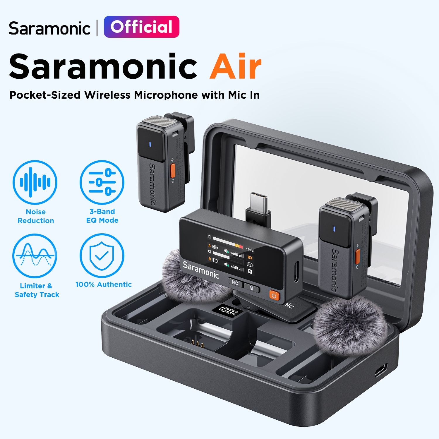 Saramonic Air Wireless Microphone Original Professional Noise Cancelling Mic Lapel Mini Microphone for Vlogging Android DSLR Camera iPhone 15/16/17