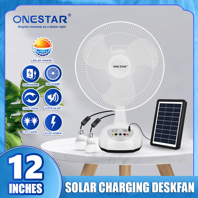 Solar 12" Rechargeable Fan with LED Lights - Brand Name