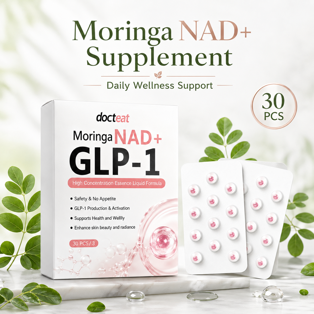 Docteat Moringa NAD+ GLP-1 Supplement 30 PCS Plant Based Wellness Food Supplement Daily Nutrition Body Management Support for Women