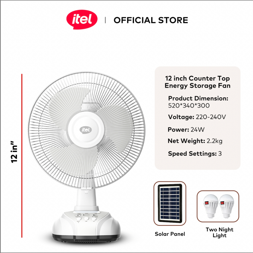 itel Electric & Solar Fan 12 Inch Countertop 24W Energy Storage Fan IF12-M001