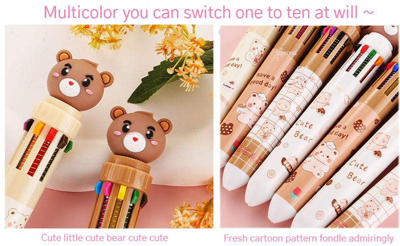 Random 4pcs/set 10-color Ballpoint Pens With Cartoon Bear Doll Head Design  For Journal & Planner Writing
