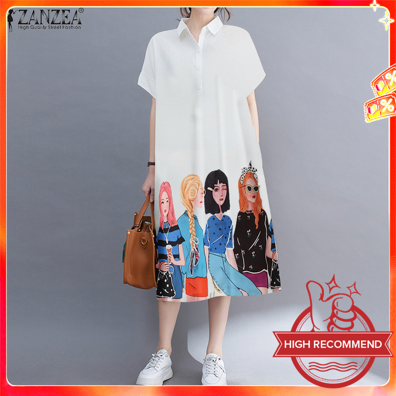 ZANZEA Women's Casual Cartoon Print Midi Shirt Dress