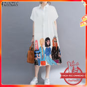 ZANZEA Women's Casual Cartoon Print Midi Shirt Dress