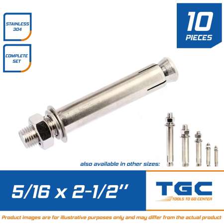 10 Pcs Stainless Dyna Bolt 5/16 x 2-1/2 or Sleeve Anchor or Expansion Bolt or Concrete Anchor Tgc