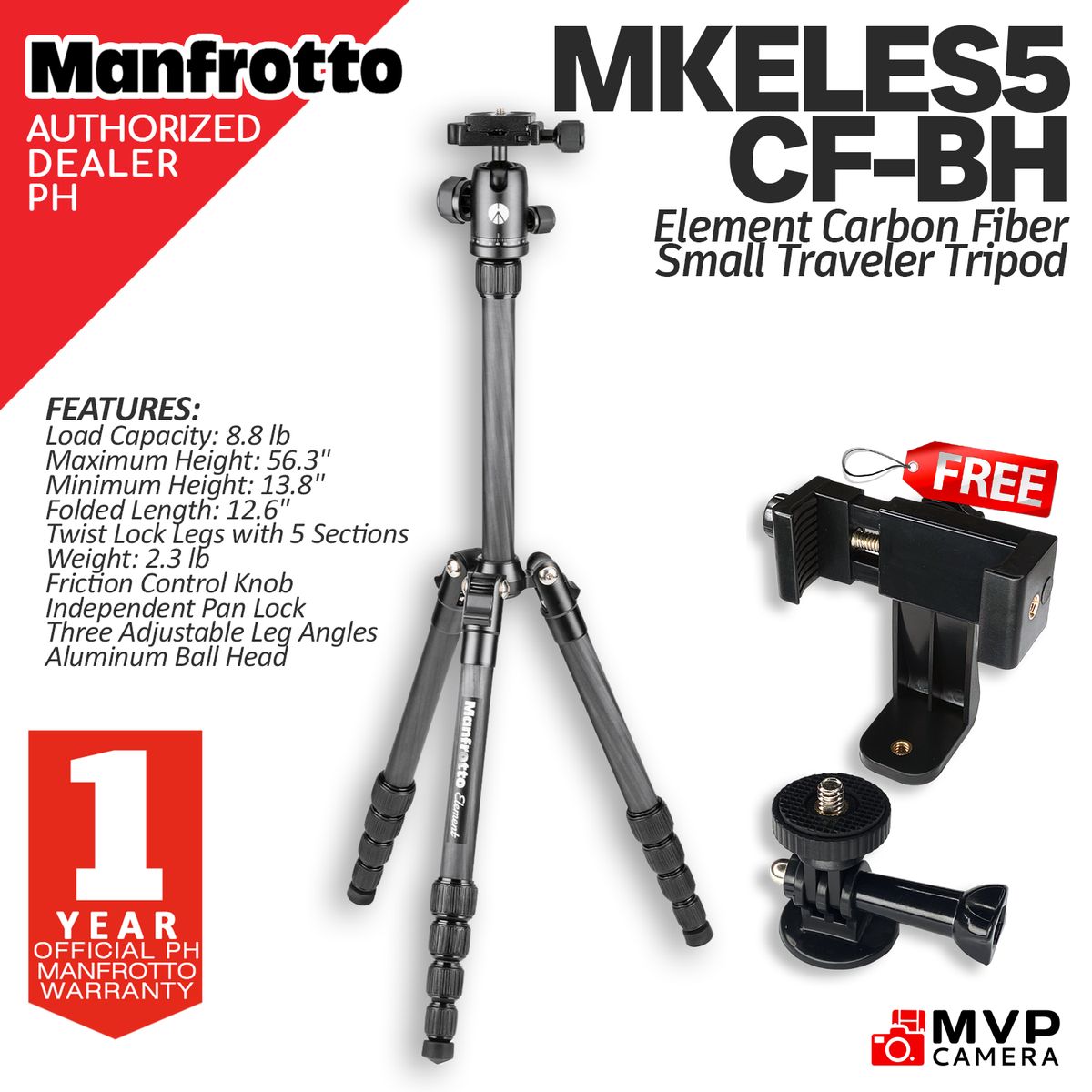 Manfrotto Element Traveller Small Aluminum Tripod - 5-Section, Ball Head, Compact For Travel, Holds 8.8 Lbs