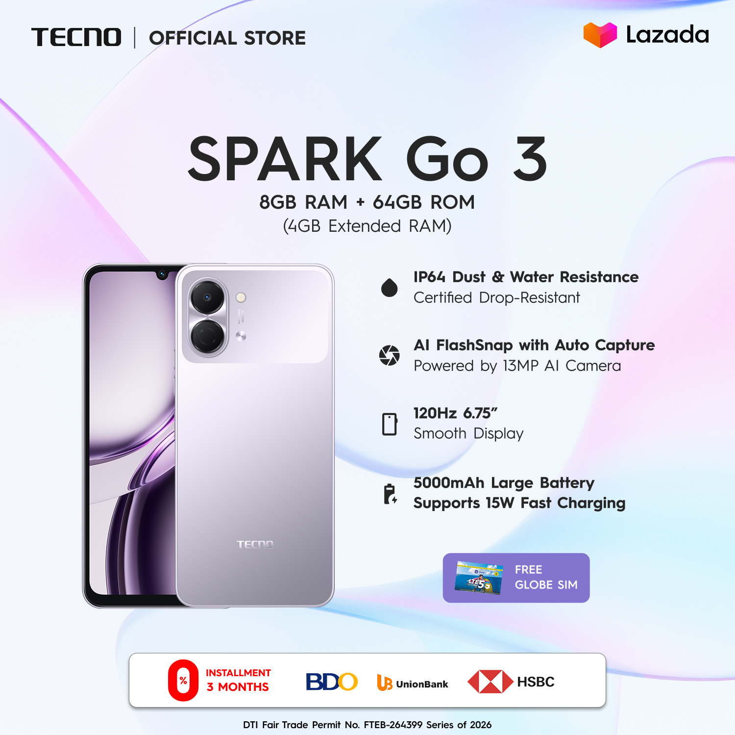 TECNO SPARK GO 3 4+64 / Unisoc T7250 / 13MP+AI FlashSnap / 120Hz, 6.75'' HD+｜IP64 / 5000mAH