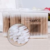 100Pcs Double Headed Cotton Swabs - Natural Wooden Sticks