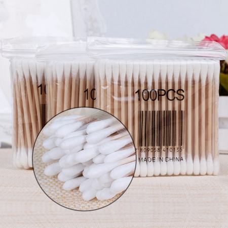 100Pcs Double Headed Cotton Swabs - Natural Wooden Sticks