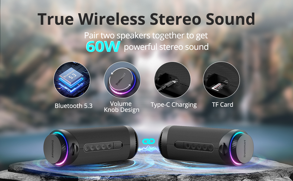 Tronsmart T7 Portable Bluetooth Speakers with 30W 360°Surround Sound,  Bluetooth 5.3, Enhanced Bass, Wireless Stereo Pairing, Custom EQ via APP,  IPX7