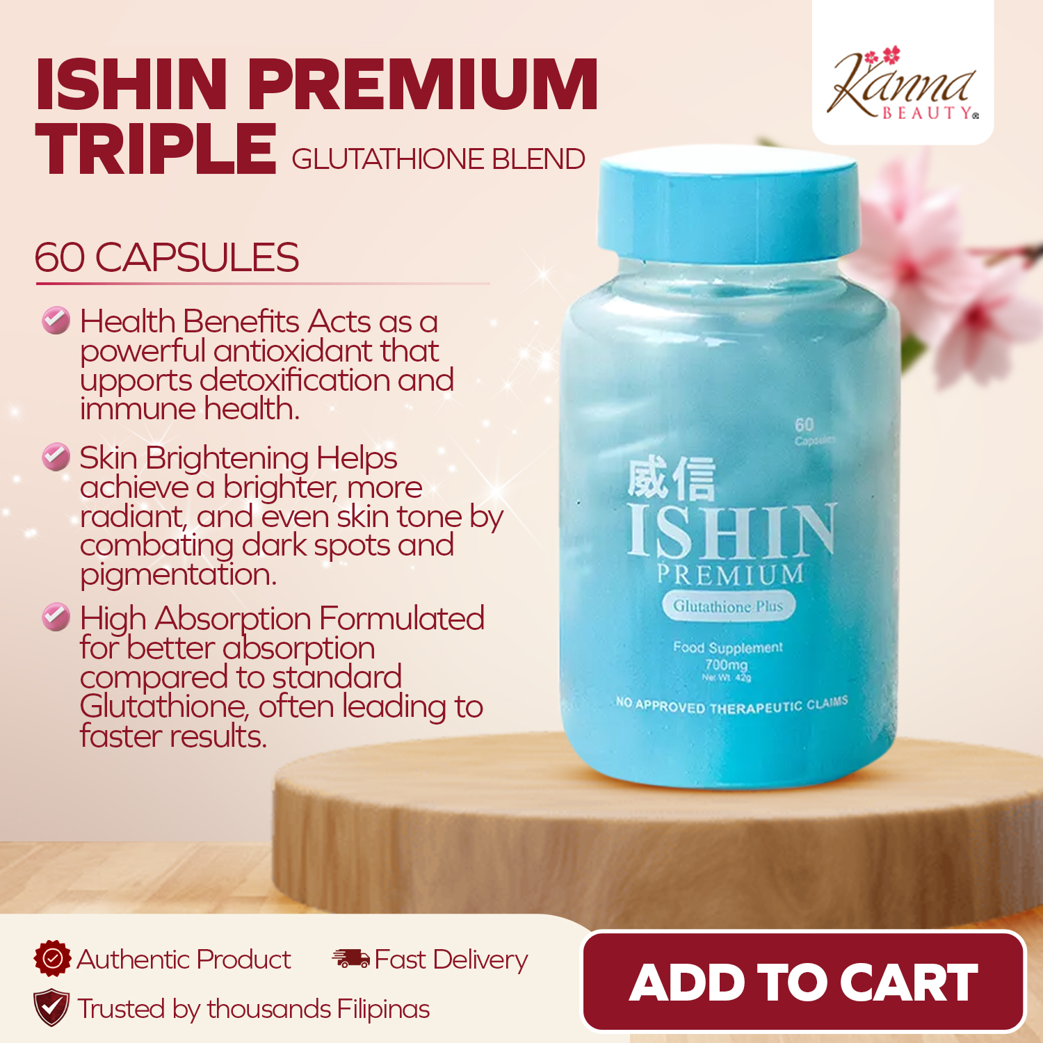 Ishin Premium Triple Glutathione Blend 60's - KANNA BEAUTY Whitening  Collagen S Acetyl Reduced Glutathione Free Form