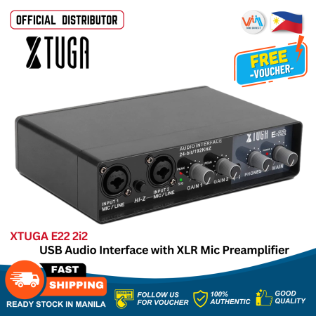 Xtuga E22 Stereo Mono Usb Recording Sound Card High Audio Resolution Sound Monitoring 48V Power Driver Installation Use For Microphone Electric Guitar Studio Vocal Recording Audio interface for guitar bass Sound card 2 channel mixer Vmi Direct