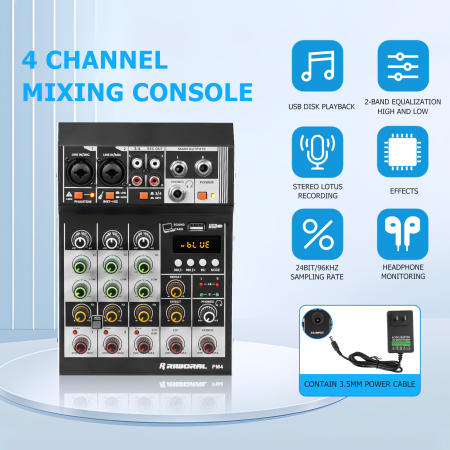 4-Channel Line Mixer with Dual Wireless Microphones and Bluetooth