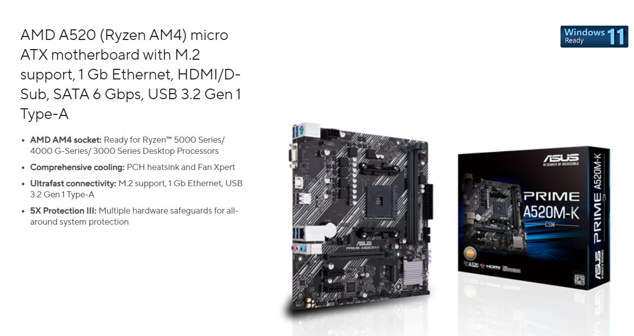 ASUS PRIME A520M-K Carte mère AMD A520 Ryzen AM4 micro ATX (M.2, 1 Gb