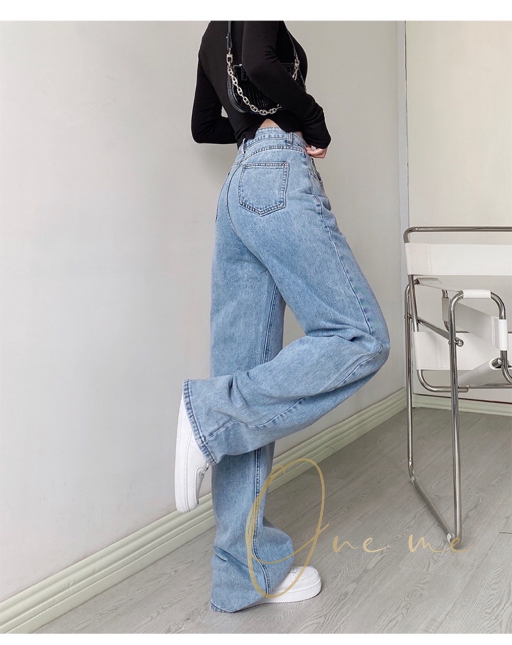 Women Korean High Waist Jeans Loose Wide Leg Straight Pants 25-32