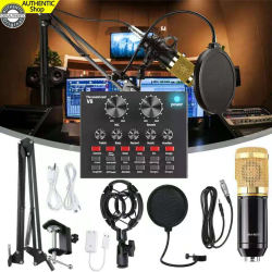 Kit with Live Sound Card Adjustable Mic Suspension Scissor Arm Metal Shock  Mount and Double-Layer Pop Filter for Studio Recording & Broadcasting  (Gold) 5 Core Rec Set 