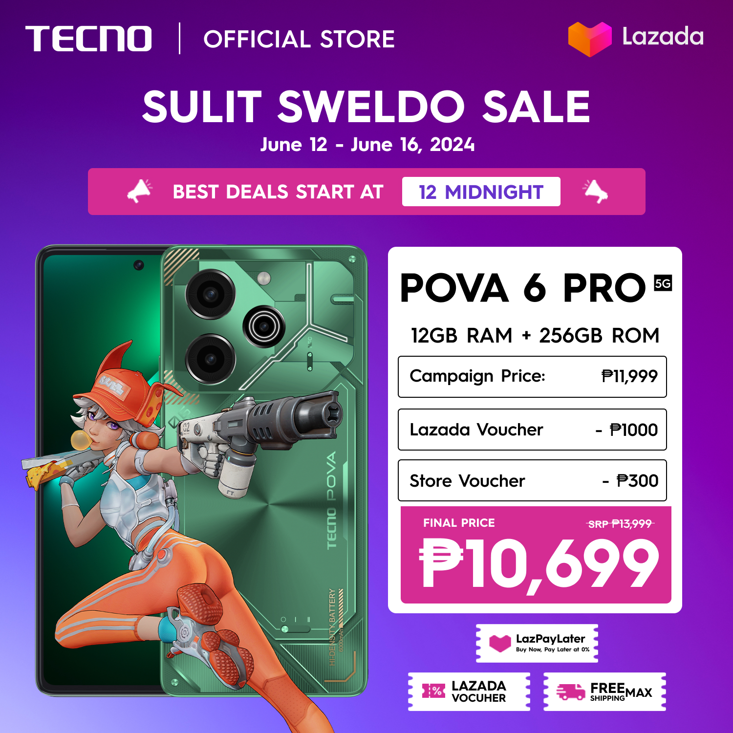 [ NEW ] TECNO POVA 6 Pro 5G (12GB RAM + 256GB ROM) with NFC | 6000mAh + 70w Ultra Charge | Mediatek D6080 5G | 108MP Ultra Vivid Main Cam | 12 + 1 Warranty - LazPay Later