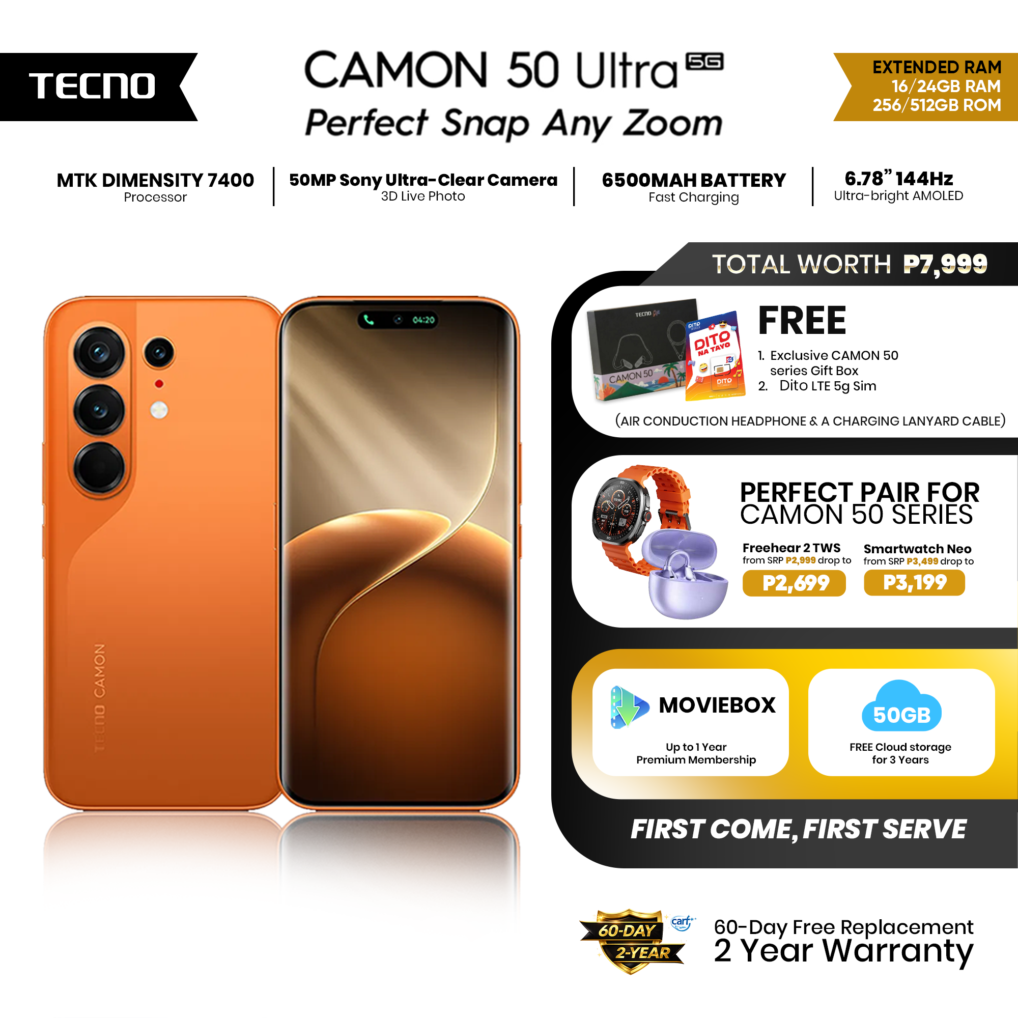 TECNO Camon 50 Ultra 5G (12+512GB / 12+256GB / 8+256GB) / 50MP Sony Camera / 6.78” 144Hz Curved AMOLED / Dimensity 7400 / 6500mAh 45W Fast Charge / AI Smartphone - Image 4
