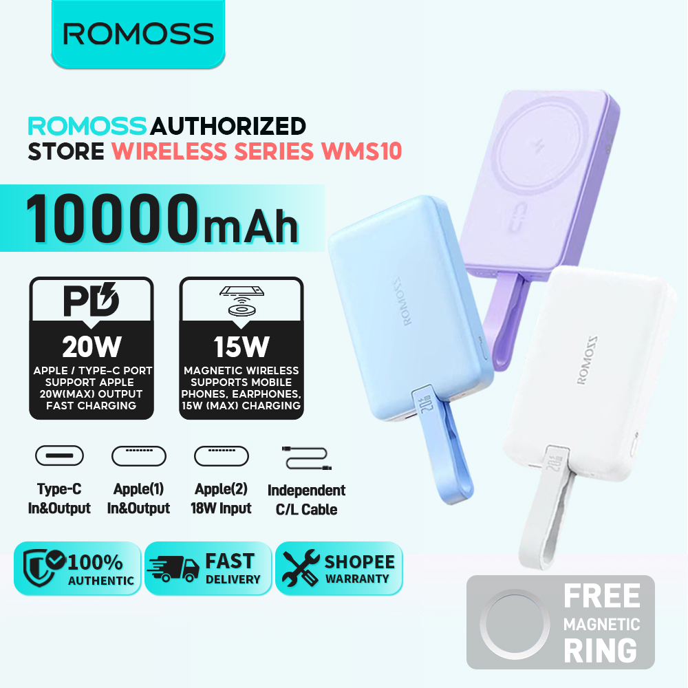 Romoss 10000mAh Powerbank with Wireless Fast Charge and Built-in Cable