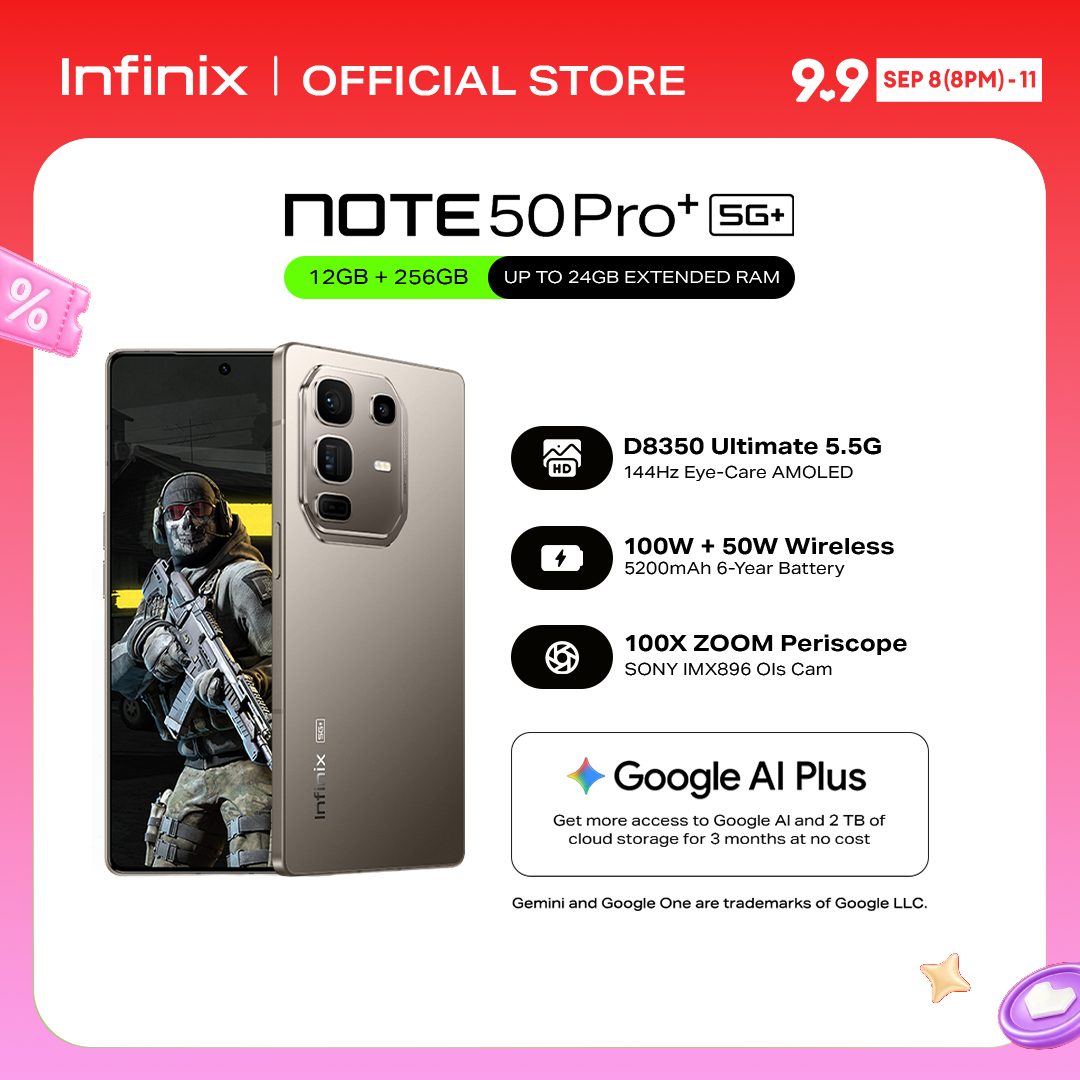 Infinix NOTE 50 Pro+ 5G, (up to 24GB [12+256] / D8350 Ultimate 5.5G / 144 Hz AMOLED Fast Display /100W + 50W Wireless / 100X Periscope ZOOM SONY IMX896 OIS CAM / 5200mAh 6-Year Battery /