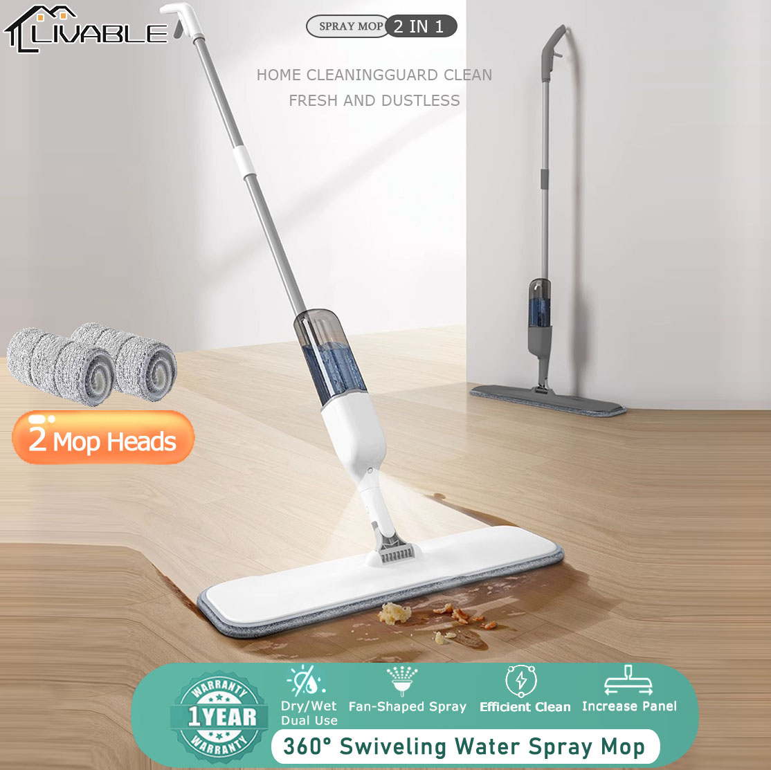 LIVABLE Water Spray Mop 360° Rotating Wet and Dry Dual Use Cleaning Mop Water Spraying Sweeper Carbon Fiber Dust Mops