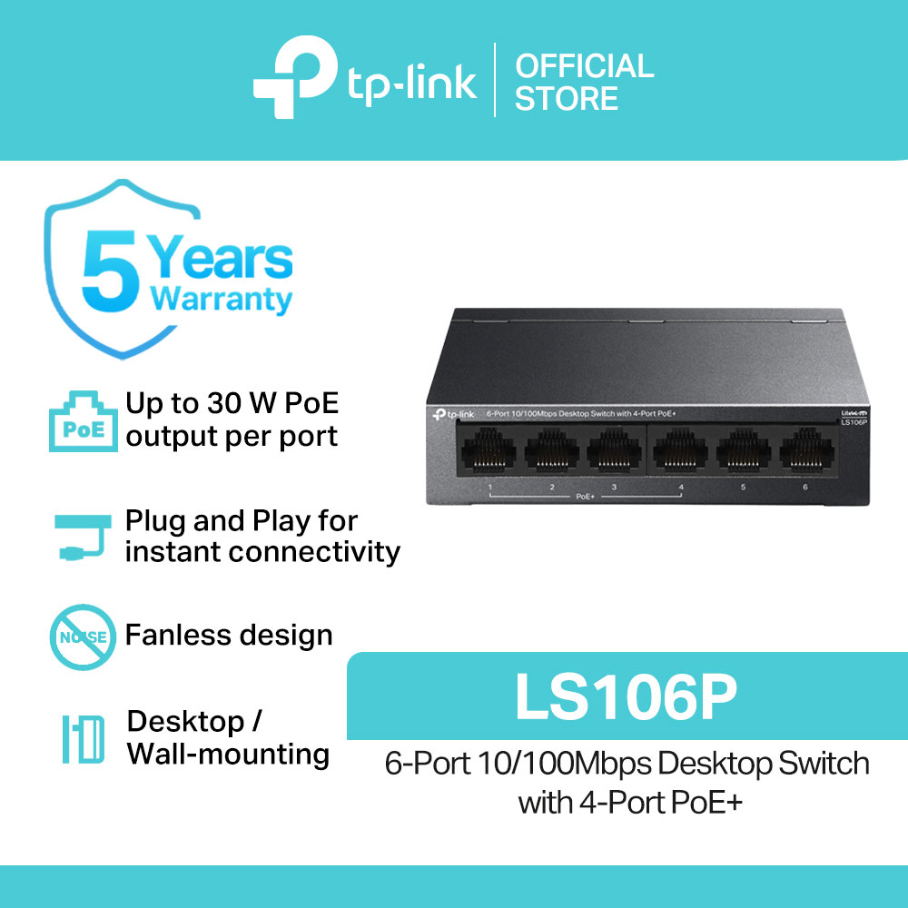 TP-Link Official Store / LS106P / 6-Port 10/100Mbps Desktop Switch with 4-Port PoE+ Network Ethernet Switch Hub for Internet