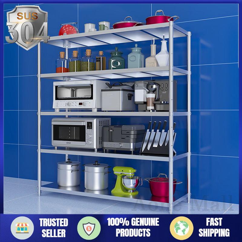 Thicken 304 Stainless Steel Kitchen Racks Organizer 3/4/5 Tier Kitchen Cabinet Rack Heavy Duty Kitchen Organizer Shelf Multi-Layer Microwave Oven Rack Plates Dish Storage Rack Spice Rack Supermarket Shelf Space Save