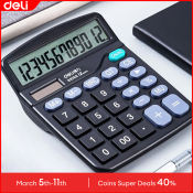 Deli Dual Power Desktop Calculator for Business, 12-Bit Large Screen