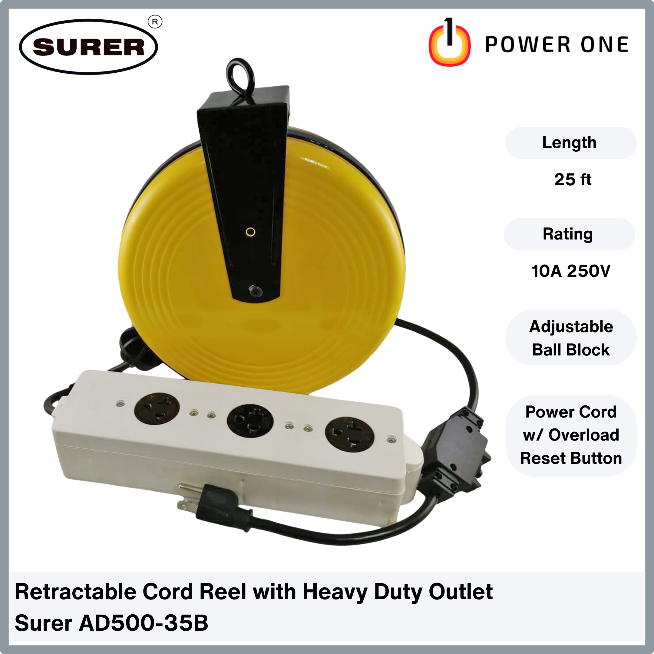 Surer Retractable Cord Reel (25 ft) with Triple Tap