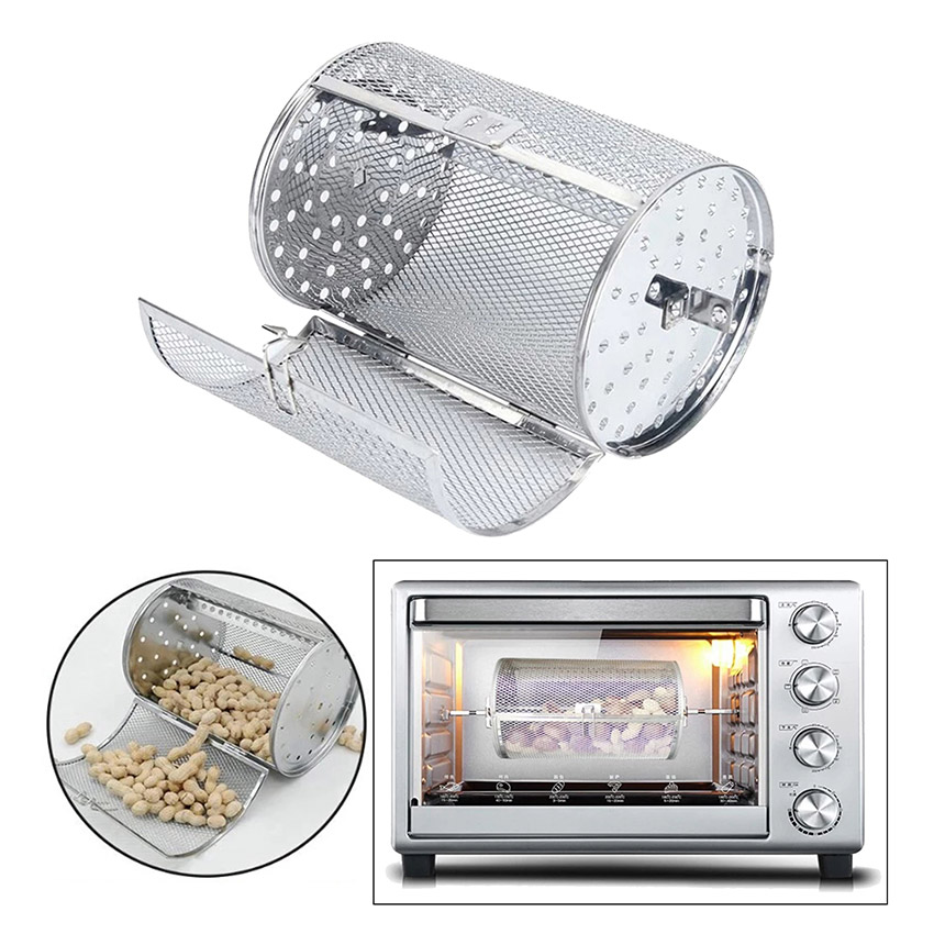 Roasting Basket Stainless Steel Basket Oven Electric Oven Griddle Grill  Rotary Drum Air Fryer Accessories For Peanuts Walnuts Almonds Baking  (silver G