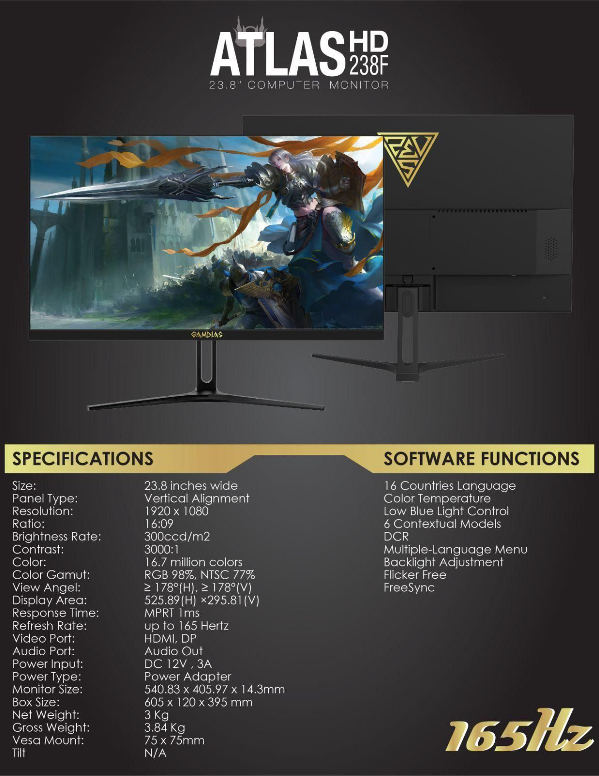 Gamdias HD238F 165Hz VA 1ms Gaming Monitor 1080P FHD DP HDMI