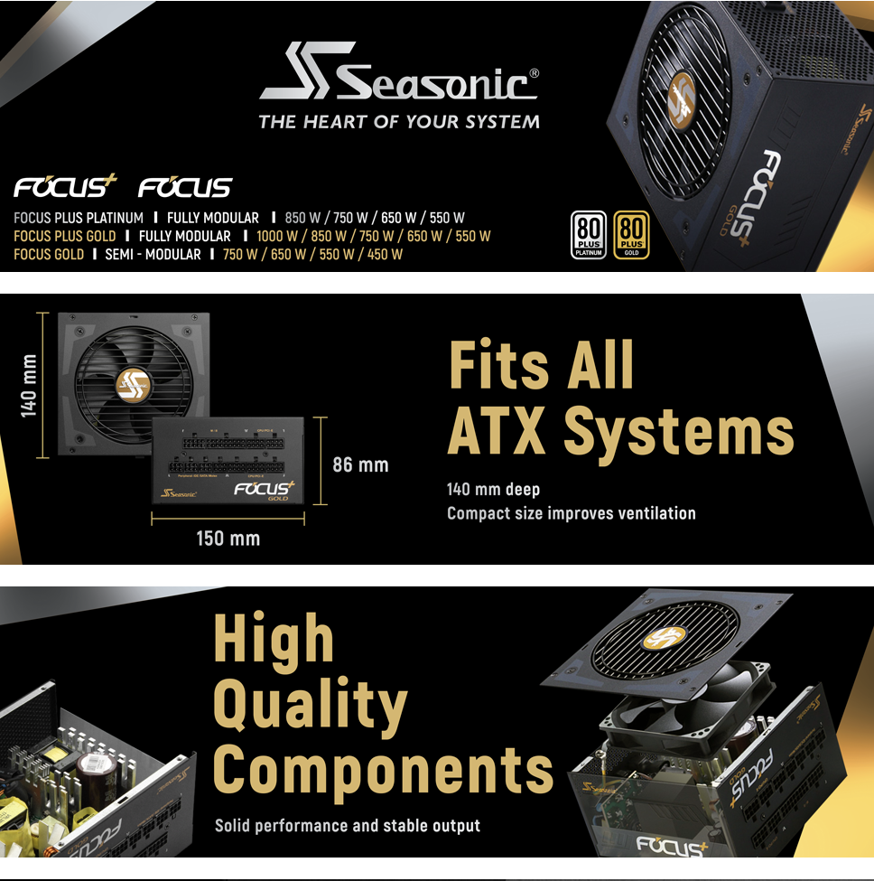 Seasonic FOCUS Plus 850 Gold SSR-850FX 850W 80+ Gold ATX12V & EPS12V Full  Modular 120mm FDB Fan Compact 140 mm Size Power Supply