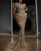 Gold Sequin Deep V-neck Maxi Dress by Banquet Queen