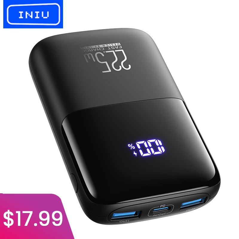 INIU Power Bank, Built-in Cables & Touch 10000mAh Palm Size Portable  Charger, Tri-3A High