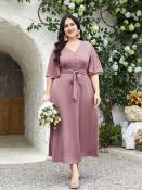 Miss M Plus Size V-neck Button-Up Dress with Belt