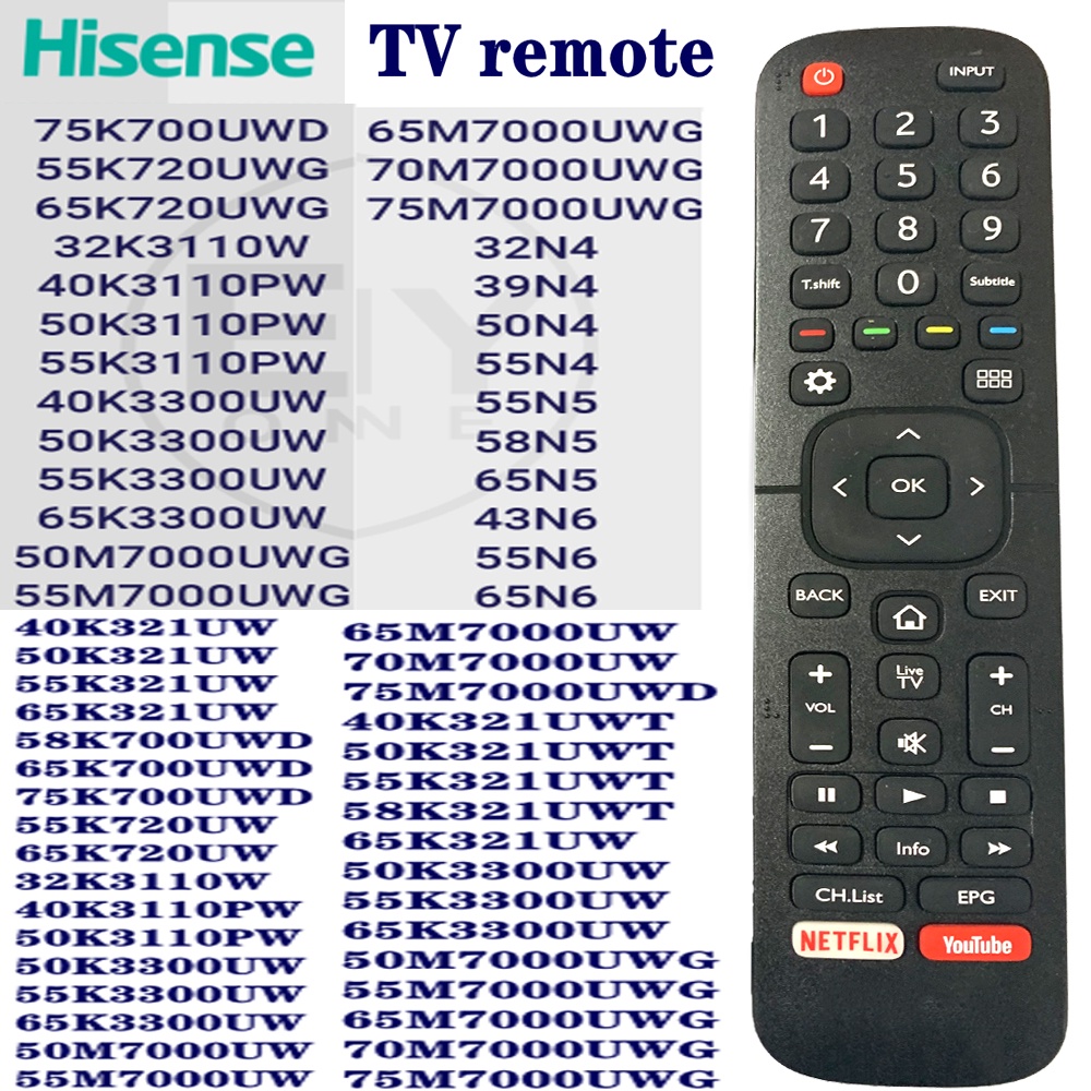 Dévant Hisense smart TV mando a distancia Original EN2BC27 EN2BC27D para  Hisense LCD TV mando a distancia Fernbedienung 50K303/ 55K303V2 43A5605/  39A5605/ 32A5605/ 32E5600/ 43E5600/ 40E5600 32LTV900 39LTV900 43LTV900  50LTV800 55LTV800 32STV101