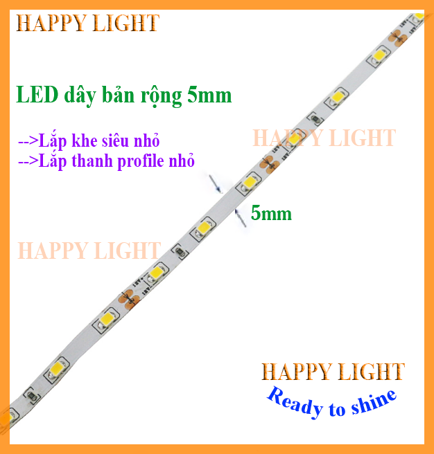5mm -LED dây dán bản nhỏ 5 mm 12V 2835, mạch đồngcuộn 10m, cắt lẻ 5m