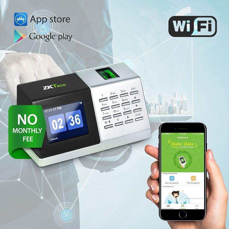 ZKTeco Biometrics Fingerprint Time Attendance WiFi Machine with Backup Battery USB Reader Time Recorder Attendance with APP for iOS Android (0 Monthly Fee) D2