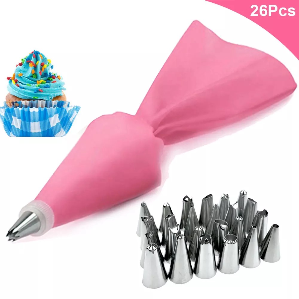 Angoter 26 /Set Silicone Pastry Bag Tips Kitchen Icing Piping Cream Reusable Pastry Bags 24 Nozzle Set Cake Decorating Tools 
