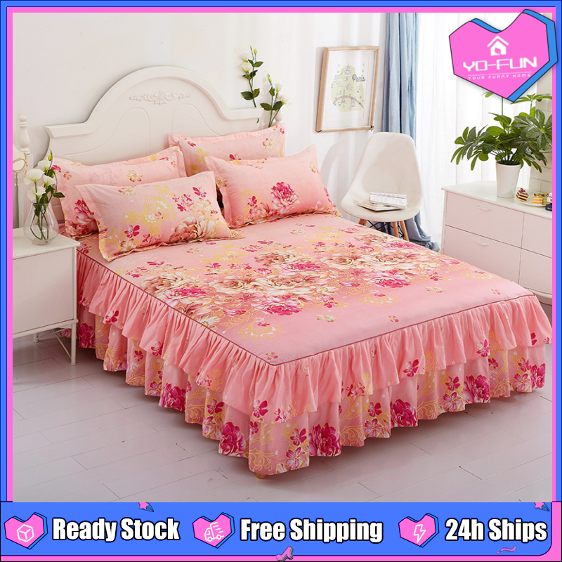 Yo Fun 3 in 1 Full Queen king Size Floral Bed skirt Bedspread Laced 1 Bedskirt 2 pillow cases 47 78inch 60 78inch 71 78inch 1.2 2m 1.5 2m 1.8 2m Lazada PH