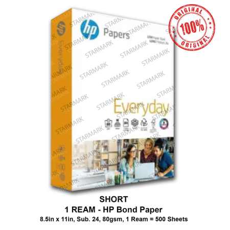 HP Bond Paper Short 80gsm Substance 24 Copy Paper Papers - Short Size 8.5inx11in 8.5 inches x 11 inches - Set of 1 Ream - Genuine and Original