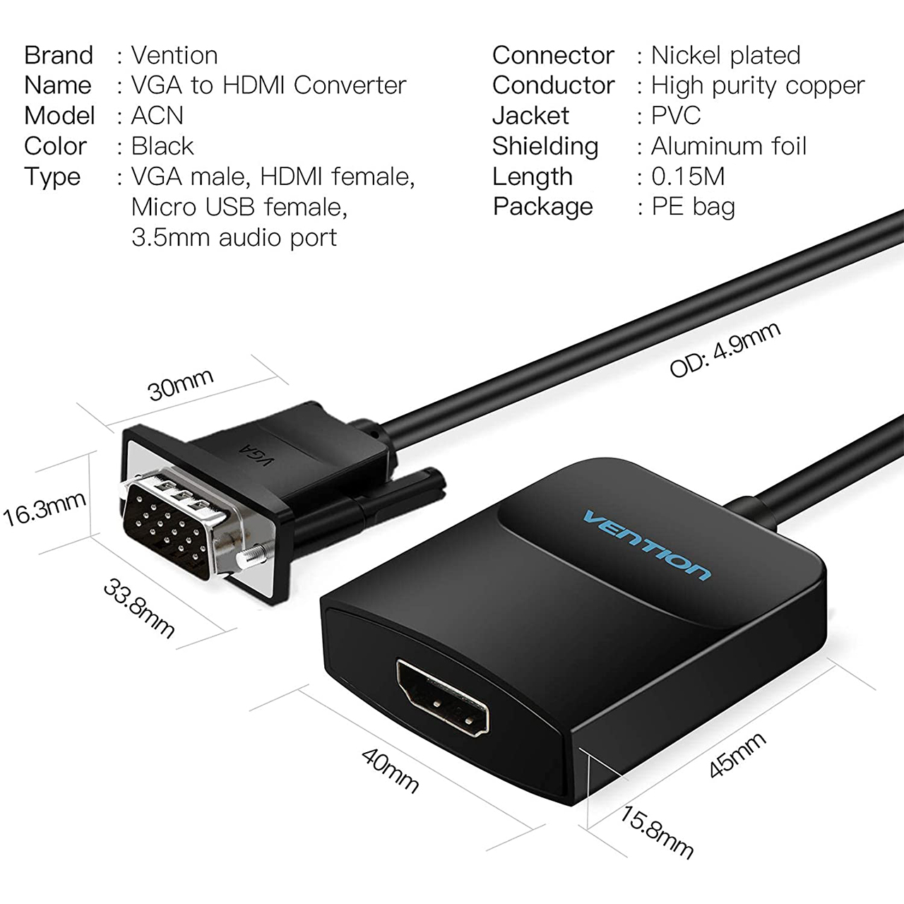 Vention VGA to HDMI Adapter 1080P VGA Male to HDMI Female