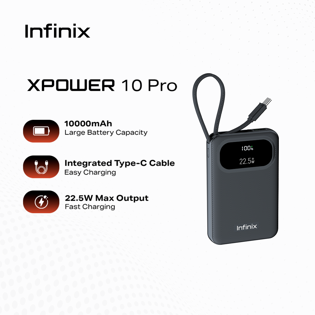Infinix XPOWER 10 Pro / 10000 mAh Large Battery Capacity / Integrated Type-C Cable for Easy Charging / 22.5W Max Output Fast Charging Powerbank