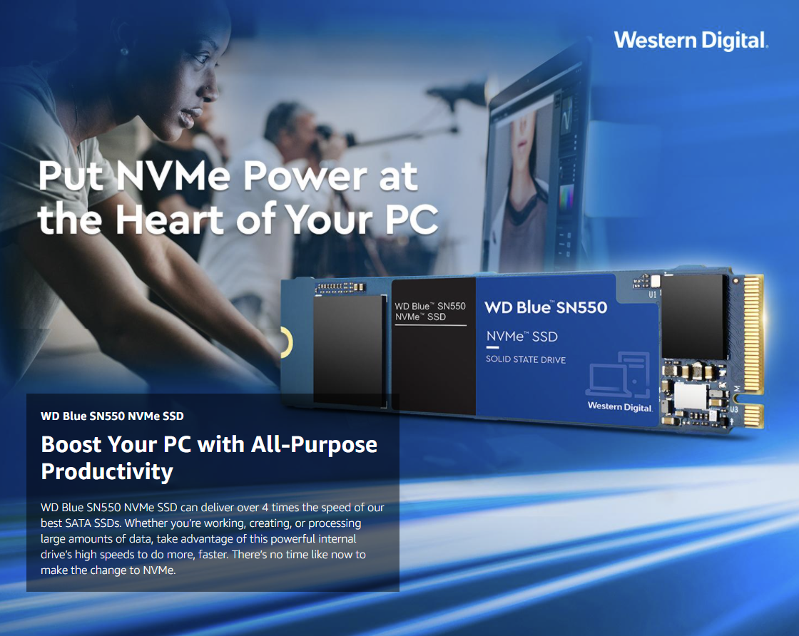 Western Digital 500GB WD Blue SN550 NVMe Internal SSD - Gen3 x4 PCIe 8Gb/s, M.2 2280, 3D NAND, Up to 2,400 MB/s - WDS500G2B0C