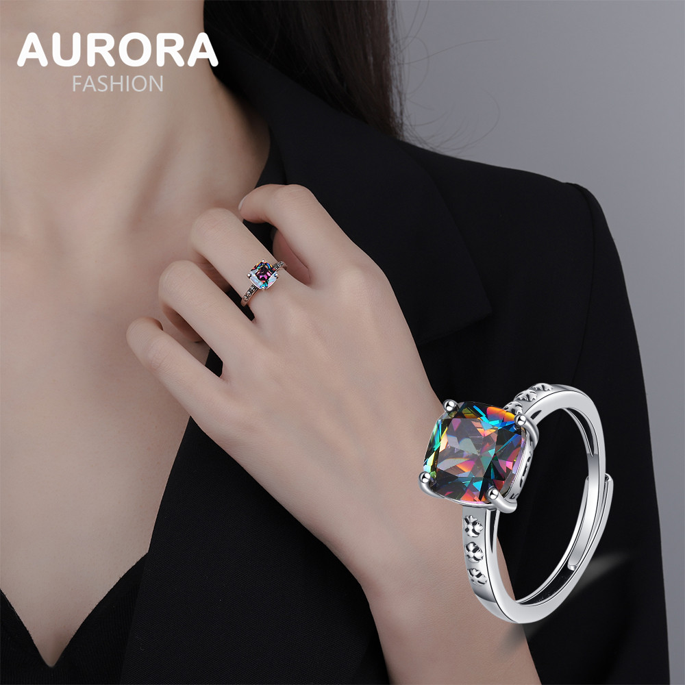 AURORA 925 Silver Six-claw Diamond Shiny Adjustable Ring JZ049