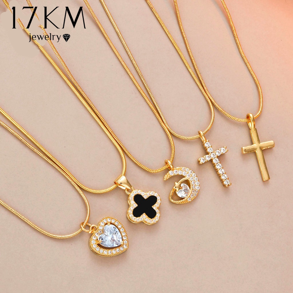 17KM 18K Gold Necklace - Clover Heart Tulips Pendant